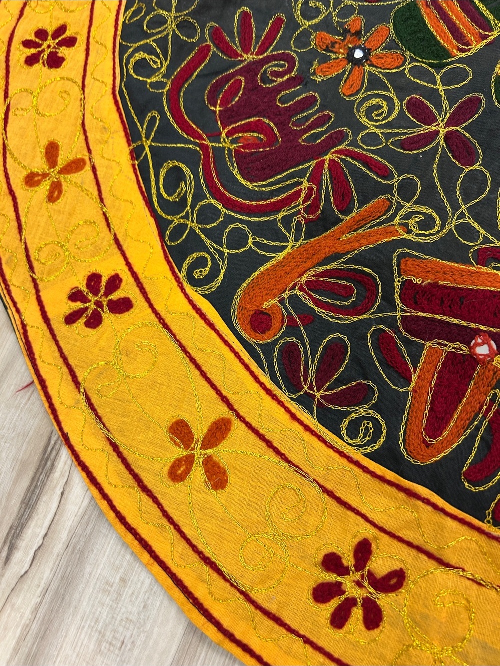 Handcrafted Yellow & Black Round Wall Hanging Tapestry & silk elephant print set image 4